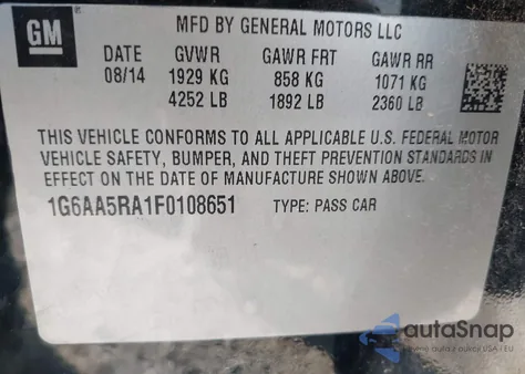 2015 Cadillac Ats Standard из США, поврежденный, VIN 1G6AA5RA1F0108651